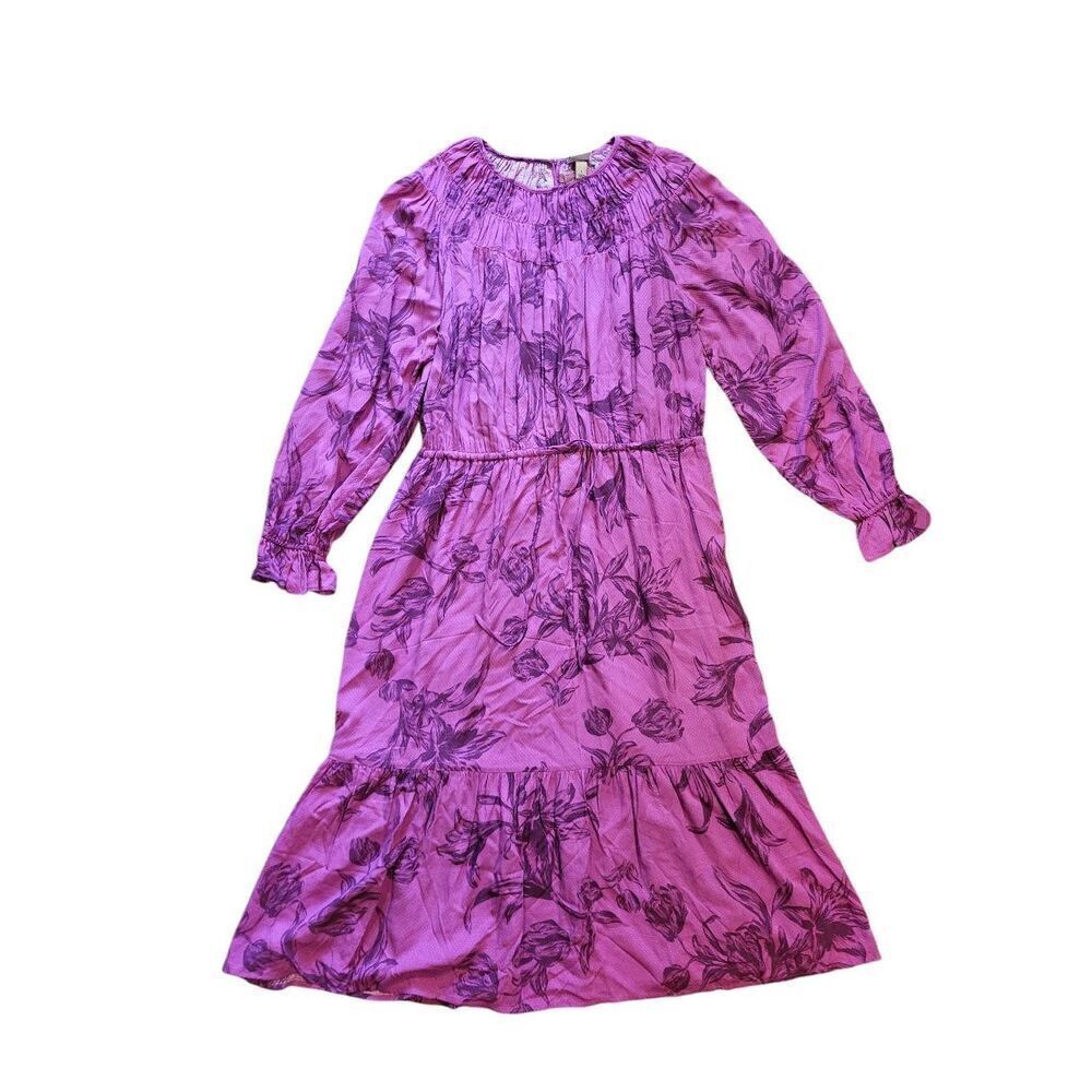 A New Day Midi Dress Women's Large Purple Floral Tiered Long Sleeve Boho
